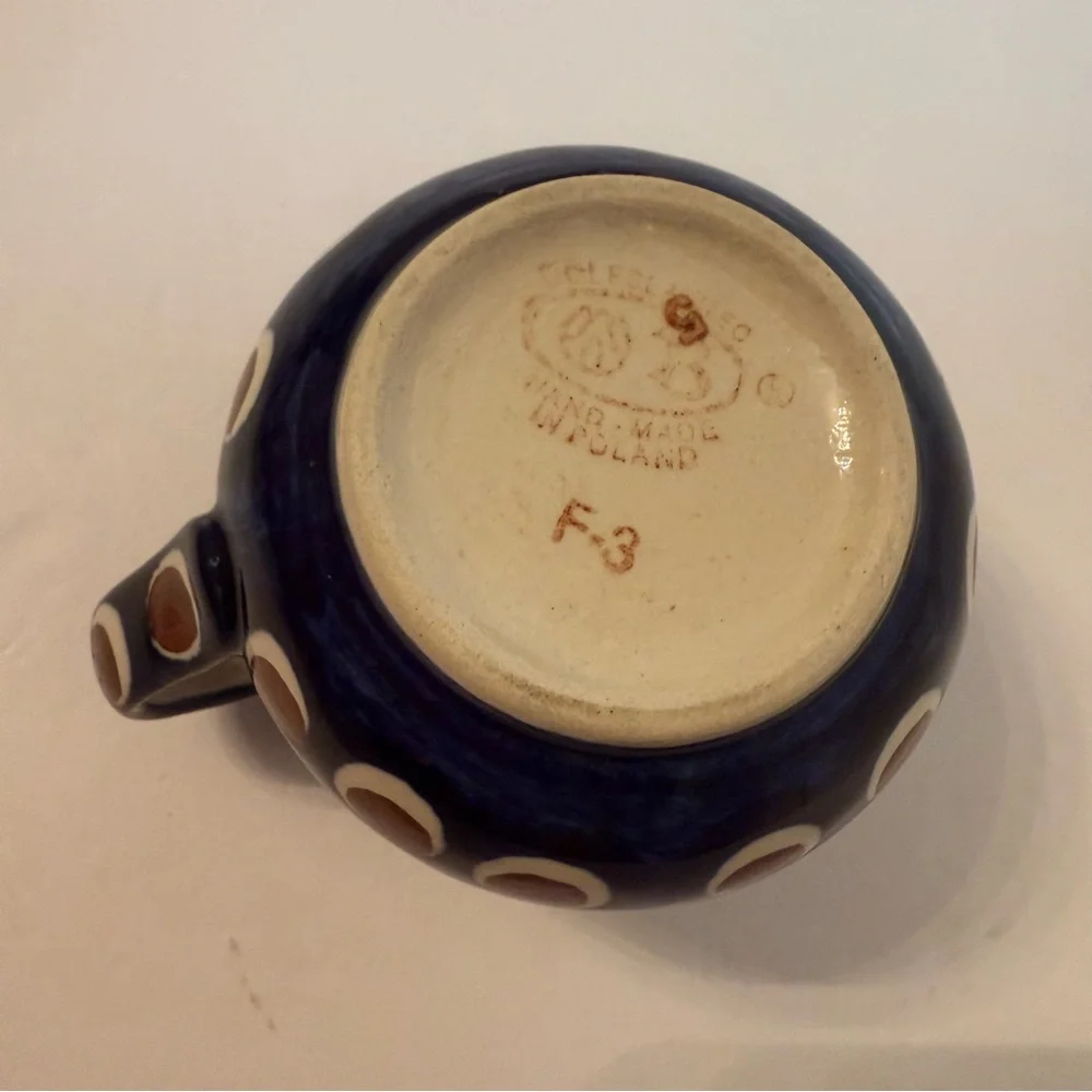 POLISH POTTERY CREAMER MINI PITCHER BLUE WHITE BROWN HANDMADE HOME BOLESLAWIEC